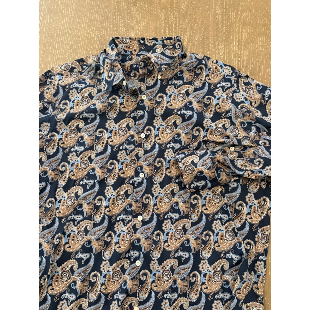 Cremieux Classics Men Large Navy Paisley Button Up Shirt Long Sleeve 100% Cotton
